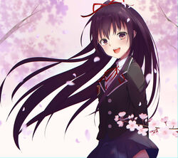  :d arm_behind_back asagi_ai black_jacket blue_skirt cherry_blossoms collared_shirt date_a_live dress_shirt female floating_hair hair_between_eyes hair_ribbon high_ponytail highres jacket long_hair long_sleeves looking_at_viewer miniskirt motion_blur neck_ribbon open_mouth outdoors pleated_skirt purple_eyes purple_hair raizen_high_school_uniform red_ribbon ribbon school_uniform shirt skirt smile solo spring_(season) standing very_long_hair white_shirt wing_collar yatogami_tooka 