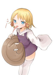  absurdres blonde_hair blue_eyes commentary_request feet_out_of_frame female hair_ribbon hat highres holding holding_clothes holding_hat jitome legs_together long_tongue moriya_suwako ribbon shiki_karin short_hair sleeves_past_fingers sleeves_past_wrists solo standing thighhighs tongue touhou unworn_hat unworn_headwear white_thighhighs zettai_ryouiki 