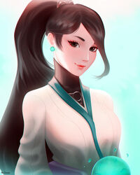  artist_name asymmetrical_bangs black_bodysuit black_eyes bodysuit earrings female hair_ornament high_ponytail highres japanese_clothes jewelry kimono lips long_hair looking_at_viewer mcdobo orb photoshop_(medium) ponytail red_lips sage_(valorant) smile solo upper_body valorant very_long_hair white_kimono 