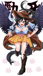  :d absurdres bandana bare_shoulders black_footwear black_hair black_wings blue_shirt boots bracelet breasts brown_hat claw_pose cleavage commentary_request cowboy_hat cross-laced_footwear feathered_wings female hand_on_own_hip hat highres jewelry kurokoma_saki lace-up_boots large_breasts leaning_forward leg_tattoo long_hair looking_at_viewer nail_polish oerba_yun_fang off-shoulder_shirt off_shoulder open_mouth orange_skirt plaid plaid_shirt puffy_short_sleeves puffy_sleeves red_eyes red_nails rihito_(usazukin) shirt short_sleeves simple_background skirt smile solo tattoo thighs touhou unmoving_pattern white_background wings wolf_spirit_(touhou) 