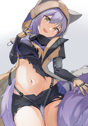  :d absurdres animal_ears arknights ass_visible_through_thighs bad_id bad_pixiv_id black_shorts blush braid breasts brown_gloves cowboy_shot female gloves goggles goggles_around_neck hair_over_shoulder hand_up head_tilt highres hood hood_up large_tail long_hair long_sleeves looking_at_viewer medium_breasts navel nitoron official_alternate_costume open_mouth provence_(arknights) provence_(wasteland_walker)_(arknights) purple_hair revealing_clothes short_shorts shorts simple_background single_braid smile solo stomach tail thigh_gap white_background wolf_ears wolf_girl wolf_tail yellow_eyes 