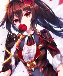  bad_id bad_twitter_id black_gloves black_hair black_jacket chabatake female flower fu_hua fu_hua_(shadow_knight) gloves hair_between_eyes hair_flower hair_ornament highres holding holding_flower honkai_(series) honkai_impact_3rd jacket looking_at_viewer petals red_eyes red_flower red_rose rose sleeves_past_elbows solo vampire 