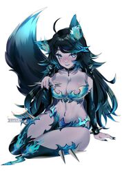  animal_ear_fluff animal_ears armor bikini bikini_armor black_hair blue_bikini blue_eyeshadow blue_hair blue_nails blue_thighhighs breasts cleavage colored_skin commission detached_sleeves english_commentary eyeshadow female gradient_hair grey_skin highres indie_virtual_youtuber large_breasts lucid_luna makeup multicolored_hair navel navel_piercing pelvic_curtain piercing scar scar_across_eye sitting smile solo spikes spite_(vtuber) spite_(vtuber)_(2nd_costume) stomach swimsuit tail thighhighs virtual_youtuber white_background wolf_ears wolf_girl wolf_tail 