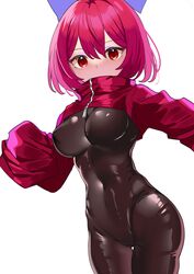  absurdres akatsuki_records alternate_costume black_bodysuit bodysuit bow breasts chinese_commentary commentary_request covered_mouth cowboy_shot cropped_jacket female hairbow highres impossible_bodysuit impossible_clothes jacket kanta_(pixiv9296614) large_breasts latex latex_bodysuit linea_alba long_sleeves looking_at_viewer medium_hair one-hour_drawing_challenge purple_bow red_eyes red_hair red_jacket rock_&#039;n&#039;_rock_&#039;n&#039;_beat sekibanki simple_background skin_tight sleeves_past_fingers sleeves_past_wrists solo touhou white_background 