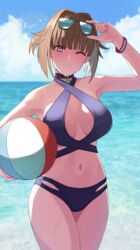  ball beachball bikini blue_bikini breasts brown_hair commentary_request cowboy_shot eyewear_on_head female girls&#039;_frontline grizzly_mkv_(girls&#039;_frontline) halterneck highres holding holding_ball holding_beachball krs_(karasu) large_breasts navel one_eye_closed outdoors purple_eyes short_hair smile solo sunglasses swimsuit wet 