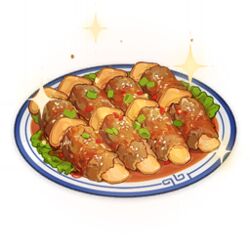  artist_request food food_focus game_cg genshin_impact lowres matsutake_meat_rolls_(genshin_impact) meat mushroom no_humans official_art plate simple_background sparkle spring_onion still_life third-party_source transparent_background 