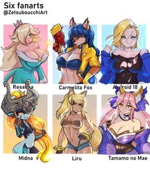  2020 alternative_fashion android_18 animal_humanoid anthro black_clothing black_topwear blonde_hair blue_hair bottomwear breasts canid canid_humanoid canine canine_humanoid carmelita_fox caster_tamamo-no-mae clothed clothing crown digital_media_(artwork) dragon_ball dress ear_piercing ear_ring fate_(series) female fox fox_humanoid gun gyaru hair hair_over_eye headgear hi_res holding_gun holding_object holding_ranged_weapon holding_wand holding_weapon human humanoid j-fashion jacket liru_(magical_pokaan) long_hair looking_at_viewer magical_pokaan mammal mammal_humanoid mario_bros meme midna midriff multiple_images navel nintendo one_eye_obstructed piercing pink_hair ranged_weapon ring_piercing rosalina_(mario) shaded shorts simple_background six_fanarts_challenge sly_cooper_(series) sony_corporation sony_interactive_entertainment sucker_punch_productions super_mario_galaxy the_legend_of_zelda tongue tongue_out topwear torn_clothing twilight_princess type-moon wand weapon zetsuboucchi 