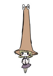  absurdres blonde_hair blunt_bangs blush_stickers chibi closed_mouth commentary_request female full_body hair_ribbon hat highres large_hat moriya_suwako ribbon shiki_karin simple_background skirt smile solid_oval_eyes solo standing touhou white_background wide_sleeves 