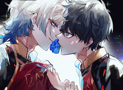  2boys black_background black_jacket blue_eyes blue_flower blue_hair blue_lock blue_rose commentary_request facing_another flower highres isagi_yoichi jacket long_sleeves male_focus medium_hair michael_kaiser multicolored_background multicolored_clothes multicolored_hair multicolored_jacket multiple_boys red_jacket rose short_hair smirk teeth tong_jun unhappy white_background white_hair yaoi 