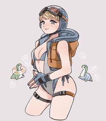  adapted_costume animification apex_legends bikini blonde_hair blue_bikini blue_eyes blue_gloves blue_headwear blue_nails breasts cleavage cropped_legs female gloves goggles goggles_on_headwear grey_background highres hood hooded_jacket jacket lichtenberg_figure looking_at_viewer medium_breasts nessie_(respawn) orange_jacket scar scar_on_cheek scar_on_face shimijimi sleeveless sleeveless_jacket smile solo stuffed_toy swimsuit thigh_strap wattson_(apex_legends) 