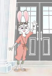  2020 anthro barefoot blush bracelet clothed clothing disney door feet female fully_clothed fur gesture grey_body grey_fur hb_runo hi_res jewelry judy_hopps lagomorph leporid mammal open_mouth open_smile outside purple_eyes purse rabbit ring smile solo standing waving zootopia 