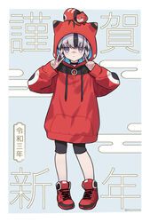  animal_ears animal_hood black_shorts blue_background commentary_request drawstring egasumi fake_animal_ears female full_body hands_up highres hood hood_up hoodie long_sleeves miyoshino original pigeon-toed red_footwear red_hoodie shoes shorts sleeves_past_wrists solo standing translation_request two-tone_background v white_background 