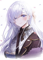  azur_lane belfast_(azur_lane) belfast_(folded_fascination)_(azur_lane) braid collar commentary earrings female floral_print hair_over_one_eye highres japanese_clothes jewelry kimono long_hair official_alternate_costume petals purple_eyes ribbon smile upper_body white_hair yuki_(asayuki101) 