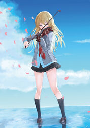  absurdres black_skirt black_socks blazer blonde_hair blue_cardigan blue_eyes blue_sky bow_(music) brown_footwear cardigan cherry_blossoms cloud day female floating_hair full_body hair_between_eyes highres holding holding_instrument holding_violin instrument jacket kneehighs loafers long_hair long_sleeves miniskirt miyazono_kawori music necktie nraib open_clothes open_jacket outdoors photoshop_(medium) plaid plaid_skirt playing_instrument pleated_skirt red_necktie school_uniform shigatsu_wa_kimi_no_uso shoes skirt sky socks solo straight_hair violin water_world 