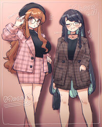  2girls aqua_eyes aqua_hair bag bare_legs black-framed_eyewear black_sweater blush braid breasts brown-framed_eyewear brown_hair brown_jacket brown_shorts character_name choco-chan choker earrings english_text fashion feet_out_of_frame glasses hand_in_pocket handbag hanjuku_choco-pai heart heart_necklace huge_breasts jacket jewelry legs_apart long_hair looking_at_viewer moca-chan mole mole_under_eye multiple_girls necklace one_eye_closed original pink_jacket pink_skirt plaid plaid_jacket plaid_shorts plaid_skirt red_eyes ribbed_sweater round_eyewear semi-rimless_eyewear shorts side_braid skirt standing sweater under-rim_eyewear 