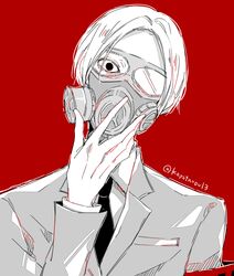  1boy awara_kayu collared_shirt commentary_request formal gas_mask grey_jacket grey_shirt hand_up jacket long_sleeves looking_at_viewer male_focus mask nakarai_keijin necktie parted_bangs red_background shirt short_hair simple_background solo tokyo_ghoul tokyo_ghoul:re twitter_username upper_body 