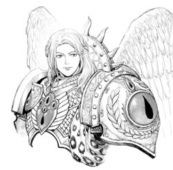  1boy angel angel_wings armor blood_angels breastplate closed_mouth commentary english_commentary eyes_of_horus_(warhammer_40k) gem greyscale highres laurel_crown long_hair looking_at_viewer male_focus monochrome pauldrons primarch sanguinius shoulder_armor simple_background smile solo teardrop-shaped_gem upper_body warhammer_40k white_background wings y_naf 