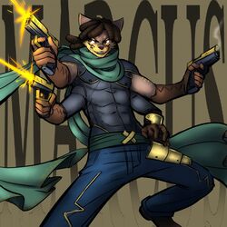  1:1 4_arms 4_pecs anthro belt bottomwear clothing dreadlocks gun hi_res holding_gun holding_object holding_ranged_weapon holding_weapon male mammal multi_arm multi_limb multi_pecs pants pecs ranged_weapon scarf shirt solo standing topwear unknown_species weapon zerospanda 