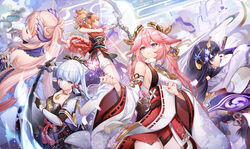  5girls animal_ears arm_guards arm_tattoo armor armored_dress bandaged_arm bandaged_leg bandages black_gloves blonde_hair blue_capelet blue_dress blue_eyes bow-shaped_hair bow_(weapon) braid breastplate breasts bridal_gauntlets capelet closed_eyes detached_sleeves drawing_bow dress earrings fighting_stance flower fox_ears genshin_impact gloves gradient_hair grey_hair hair_between_eyes hair_flower hair_ornament hair_ribbon hair_up hamayumi_(genshin_impact) highres holding holding_bow_(weapon) holding_sword holding_weapon japanese_armor japanese_clothes jewelry kamisato_ayaka kamisato_clan_(emblem) kimono kusazuri long_hair low-braided_long_hair low-tied_long_hair multicolored_hair multiple_girls nana895 neck_tassel obi obijime orange_kimono partially_fingerless_gloves pink_hair pink_nails ponytail purple_eyes purple_hair purple_kimono raiden_shogun ribbon sangonomiya_kokomi sash shirt shrug_(clothing) sleeveless sleeveless_shirt sword tattoo tress_ribbon vision_(genshin_impact) weapon white_shirt wide_sleeves yae_miko yellow_eyes yoimiya_(genshin_impact) 