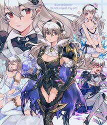  alternate_costume armor armored_leotard ascot asymmetrical_clothes aura barefoot bikini bikini_skirt bracelet breasts bug butterfly cleavage corrin_(female)_(adrift)_(fire_emblem) corrin_(female)_(fire_emblem) corrin_(female)_(nohr_noble)_(fire_emblem) corrin_(female)_(summer)_(fire_emblem) corrin_(fire_emblem) dress english_commentary fangs female fire_emblem fire_emblem_fates fire_emblem_heroes front-tie_bikini_top front-tie_top gloves glowing glowing_eyes hairband jewelry long_hair looking_at_viewer multiple_persona official_alternate_costume pointy_ears pomme_(lazzledazzle) red_eyes shoulder_armor single_glove single_thighhigh swimsuit thighhighs toeless_legwear water 