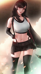  artist_name bare_shoulders black_hair black_skirt black_tank_top black_thighhighs breasts crop_top earrings elbow_gloves elbow_pads female final_fantasy final_fantasy_vii final_fantasy_vii_remake fingerless_gloves gloves head_tilt highres jewelry large_breasts lips long_hair looking_at_viewer low-tied_long_hair mcdobo midriff navel pencil_skirt photoshop_(medium) red_eyes skirt smile solo standing suspender_skirt suspenders swept_bangs tank_top thighhighs tifa_lockhart very_long_hair white_tank_top wind zettai_ryouiki 