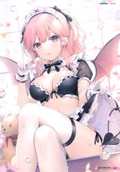  6u_(eternal_land) absurdres blush breasts candy cleavage crossed_legs demon_girl demon_tail demon_wings earrings female floating floating_object food gloves hair_ornament highres holding holding_food jewelry lifting_own_clothes lollipop looking_at_viewer maid_headdress medium_breasts medium_hair midriff original page_number panties petals pink_hair puffy_short_sleeves puffy_sleeves scan short_sleeves side-tie_panties simple_background sitting skirt skirt_hold smile solo stuffed_animal stuffed_toy tail teddy_bear thighhighs thighs tied_hair tongue tongue_out underwear water water_drop white_gloves white_thighhighs wings 