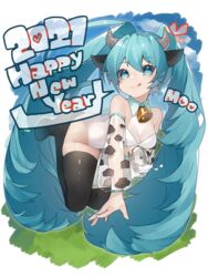  2021 absurdres animal_ears animal_print aqua_eyes aqua_hair bare_shoulders bell black_thighhighs bottle chinese_zodiac commentary cow_ears cow_girl cow_horns cow_print detached_sleeves female grass hair_ornament happy_new_year hatsune_miku heart high_heels highres horns legs_up leotard lips long_hair looking_at_viewer milk_bottle neck_bell new_year reirou_(chokoonnpu) see-through see-through_sleeves shiny_clothes shiny_legwear sky smile solo spilling thighhighs tongue tongue_out twintails very_long_hair vocaloid white_leotard year_of_the_ox 