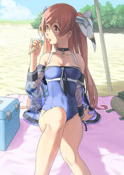  bare_legs blue_one-piece_swimsuit breasts brown_eyes clothes_writing collarbone day female food hair_between_eyes highres holding holding_food ice_cream johnston_(kancolle) johnston_(swimsuit_mode)_(kancolle) kantai_collection light_brown_hair long_hair medium_breasts one-piece_swimsuit parasol sand see-through shore solo swimsuit swimsuit_cover-up taruya tongue tongue_out two_side_up umbrella 