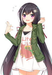  absurdres animal_print bad_id bad_pixiv_id black_hair black_shirt blush cat_print catnnn chinese_commentary collarbone commentary_request dress female green_eyes green_jacket hair_ribbon highres jacket karyl_(princess_connect!) karyl_(real)_(princess_connect!) long_hair long_shirt looking_at_viewer low_twintails multicolored_hair photoshop_(medium) princess_connect! red_ribbon ribbon shirt simple_background solo streaked_hair twintails very_long_hair white_background white_dress white_hair 