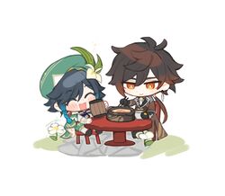  2boys ^_^ adeptus&#039;_temptation_(genshin_impact) bad_id bad_twitter_id beret black_hair blush braid cabbie_hat cape chibi chopsticks closed_eyes closed_mouth cup flower food genshin_impact gradient_hair green_cape happy hat hou_(ppo) male_focus medium_hair mug multicolored_hair multiple_boys orange_eyes simple_background sitting table venti_(genshin_impact) white_background zhongli_(genshin_impact) 