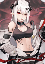  arknights bangs banned_artist bare_shoulders black_gloves breasts cleavage collarbone commentary_request crop_top eyebrows_visible_through_hair female gloves hair_between_eyes hammer hand_on_hip holding holding_hammer holding_weapon horns kyoeiki large_breasts long_hair looking_at_viewer midriff mudrock_(arknights) navel off_shoulder open_mouth oripathy_lesion_(arknights) partial_commentary pointy_ears red_eyes sarashi silver_hair solo sports_bra stomach upper_body weapon 