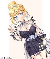  black_dress blonde_hair blue_eyes breasts cleavage collarbone cowboy_shot dress earrings eyebrows_hidden_by_hair female floral_print hair_bun hand_up hololive hololive_english jewelry large_breasts light_blush long_sleeves looking_at_viewer official_alternate_costume official_alternate_hairstyle parted_lips pearl_choker see-through see-through_sleeves short_dress sidelocks simple_background solo straight-on thigh_gap tiara virtual_youtuber watch watson_amelia watson_amelia_(party_dress) zzinbbang 