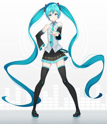  absurdly_long_hair absurdres bib_(bibboss39) black_footwear black_skirt black_sleeves blue_eyes blue_hair blue_necktie blush boots collared_shirt commentary detached_sleeves dress_shirt female floating_hair full_body grey_shirt grin hand_on_own_hip hatsune_miku headphones headset highres long_hair long_sleeves looking_at_viewer microphone miniskirt necktie pleated_skirt shirt simple_background skirt sleeveless sleeveless_shirt smile solo standing thigh_boots thighhighs twintails very_long_hair vocaloid white_background wing_collar zettai_ryouiki 