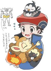  1boy arrow_(symbol) bidoof black_hair blue_jacket blush chimchar commentary_request fire flying_sweatdrops grey_eyes hat highres holding holding_pokemon incineroar jacket lucas_(pokemon) male_focus mikanbako_(aitatadon3) on_head open_mouth pokemon pokemon_(creature) pokemon_dppt pokemon_on_head pokemon_platinum red_headwear short_hair starly tongue translated white_background 