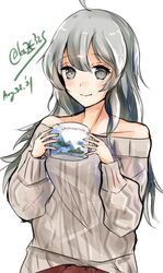  ahoge cup dated female grey_eyes grey_hair grey_sweater highres holding holding_cup kantai_collection kazu_(really_in_hot_water_now) long_hair mug off-shoulder_sweater off_shoulder official_alternate_costume one-hour_drawing_challenge simple_background solo sweater twitter_username upper_body washington_(kancolle) white_background 