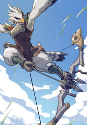  anthro archer archery arrow_(weapon) avian avian_feet barefoot bird bow_(weapon) breath_of_the_wild cloud falcon_bow feet flying hi_res lan_rizardon male muscular muscular_anthro muscular_male nintendo prehensile_feet ranged_weapon rito sky solo teba_(tloz) the_legend_of_zelda toes weapon 