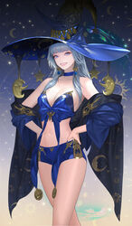  absurdres bare_legs blue_hair blue_nails blue_theme breasts commentary crescent crescent_hat_ornament daeho_cha dated_commentary earrings english_commentary female garter_straps gold_earrings gold_necklace hat hat_ornament highres hime_cut incredibly_absurdres jewelry kneehighs long_hair medium_breasts neck_ring necklace off_shoulder original pink_lips purple_eyes sash sharp_teeth smile socks teeth thighhighs thighs witch_hat 