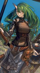  arknights blue_sky breasts cowboy_shot day female grass green_hair highres holding horns hoshiguma_(arknights) hoshiguma_(ronin_huntress)_(arknights) jewelry lanzi_(415460661) large_breasts long_hair mask necklace official_alternate_costume outdoors rock single_horn skin-covered_horns sky solo very_long_hair yellow_eyes 