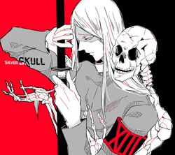  1boy abara_hanbee arm_up armband awara_kayu black_armband black_background commentary_request english_text from_side hand_up holding holding_sword holding_weapon katana long_hair long_sleeves male_focus red_armband red_background simple_background skeleton skull solo sword tokyo_ghoul tokyo_ghoul:re weapon 