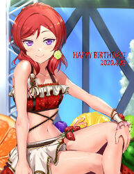  bikini blue_sky breasts closed_mouth cloud collarbone dated day female hair_between_eyes hair_ornament happy_birthday highres jyon looking_at_viewer love_live! love_live!_school_idol_project medium_hair navel nishikino_maki outdoors purple_eyes red_bikini red_hair sarong shiny_skin sky small_breasts smile solo sunlight swept_bangs swimsuit wrist_cuffs 