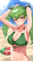  anchovy_(girls_und_panzer) armpits arms_behind_head arms_up beach bikini black_ribbon blush breasts brown_eyes cleavage collarbone day drill_hair female girls_und_panzer green_hair grin hair_ribbon highres innertube italian_flag_bikini large_breasts long_hair looking_at_viewer mamaa_(maeni6379) navel outdoors ribbon smile solo swim_ring swimsuit teeth twin_drills upper_body 