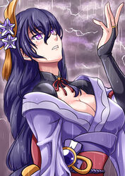  absurdres atawatsho blunt_bangs bow bowtie breasts cleavage cloud cloudy_sky commentary detached_collar english_commentary female genshin_impact hair_ornament highres japanese_clothes lightning long_hair looking_away looking_up low_ponytail mole mole_under_eye obi parted_lips purple_eyes purple_hair raiden_shogun rain sash sidelocks sky solo vision_(genshin_impact) wet wet_clothes wet_hair wide_sleeves 