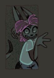  2023 aislin_(sonderjen) animated anthro black_eyes bottomwear clothed clothing denim denim_bottomwear denim_clothing female fully_clothed glowing glowing_hair grin hair jeans mammal pants pink_hair short_playtime smile solo sonderjen teeth 