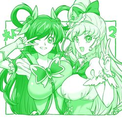  2girls aged_up asahina_mirai bow bracelet breast_on_breast breasts butterfly_earrings corset cure_dream cure_miracle earrings flower gloves green_theme hair_behind_ear hair_flower hair_ornament hair_ribbon hair_rings hairband hairbow hat highres in-franchise_crossover jacket jewelry kenchi kibou_no_chikara_~otona_precure_&#039;23~ large_breasts long_hair magical_girl mahou_girls_precure! mahou_girls_precure!!_~mirai_days~ mini_hat monochrome multiple_girls one_eye_closed parted_lips precure ribbon rose shirt smile translated upper_body v very_long_hair witch_hat year_connection yes!_precure_5 yes!_precure_5_gogo! yumehara_nozomi 