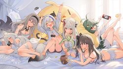  6+girls animal animal_ear_fluff animal_ears arms_up ass azur_lane bare_shoulders barefoot blue_hair breasts butt_crack byulzzi camisole card cleavage dark_green_hair feet full_body grey_hair grey_tail holding holding_animal kasumi_(azur_lane) large_tail libeccio_(azur_lane) loading_screen lying maestrale_(azur_lane) manjuu_(azur_lane) medium_breasts multicolored_hair multiple_girls murmansk_(azur_lane) nintendo_switch official_alternate_costume official_art on_stomach open_mouth pamiat_merkuria_(azur_lane) pamiat_merkuria_(sweet_cherry_memories)_(azur_lane) playing_card pop-up_pirate purple_eyes red_eyes red_hair shorts sleeping soles strapless streaked_hair tail third-party_source toes torricelli_(azur_lane) turtle two-tone_hair white_camisole white_shorts 