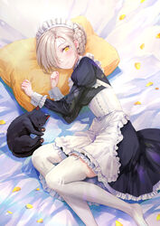  akasaka_asa apron azur_lane black_cat blonde_hair blush closed_mouth dress feline female foot_out_of_frame frilled_dress frills garter_straps hair_over_one_eye hair_rings highres juliet_sleeves long_sleeves looking_at_viewer lying maid maid_headdress on_side petals pillow puffy_sleeves sheffield_(azur_lane) smile thighhighs white_apron white_garter_straps white_thighhighs yellow_eyes 