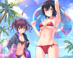  2girls arm_up armpits bare_shoulders bikini black_hair black_jacket blue_sky blush breasts cleavage cloud commentary cowboy_shot day drawstring food front-tie_bikini_top front-tie_top groin hair_between_eyes hair_ribbon halterneck hand_up hat himekaidou_hatate holding holding_food hood hooded_jacket innertube jacket long_sleeves looking_at_viewer medium_breasts multiple_girls navel open_clothes open_jacket outdoors palm_tree parted_lips popsicle purple_bikini purple_eyes purple_ribbon red_bikini red_eyes ribbon roke_(taikodon) shameimaru_aya short_hair sky smile standing stomach string_bikini swim_ring swimsuit tassel tokin_hat touhou tree twintails 