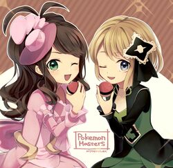  2girls :d antenna_hair artist_name black_ribbon blonde_hair blue_eyes brown_hair commentary_request copyright_name dress eyelashes frills green_eyes hair_ornament hair_ribbon hand_up hat hilda_(pokemon) hilda_(special_costume)_(pokemon) holding holding_poke_ball long_hair long_sleeves looking_at_viewer mini_hat miyashiro multiple_girls official_alternate_costume one_eye_closed open_mouth pink_dress poke_ball poke_ball_(basic) pokemon pokemon_masters_ex ribbon serena_(pokemon) serena_(sygna_suit)_(pokemon) short_hair sidelocks smile sparkle tongue 