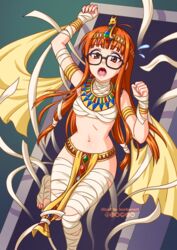  armlet bandages black-framed_eyewear blunt_bangs bracelet breasts brown_eyes burbur commentary cosplay diadem dialogue_box egyptian egyptian_clothes english_commentary female flying_sweatdrops glasses highres jewelry long_hair looking_at_viewer mummy navel open_mouth orange_hair paid_reward_available pelvic_curtain persona persona_5 restrained sakura_futaba shadow_futaba shadow_futaba_(cosplay) small_breasts solo stomach uraeus usekh_collar 