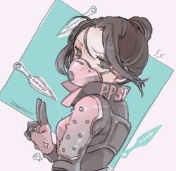  animification apex_legends black_eyes black_hair bodysuit breasts dated female floating_hair from_side hair_behind_ear hair_bun highres hope&#039;s_dusk_(apex_legends) kunai looking_at_viewer parted_bangs pink_bodysuit shimijimi single_hair_bun small_breasts solo upper_body void_specialist_wraith weapon wraith_(apex_legends) 